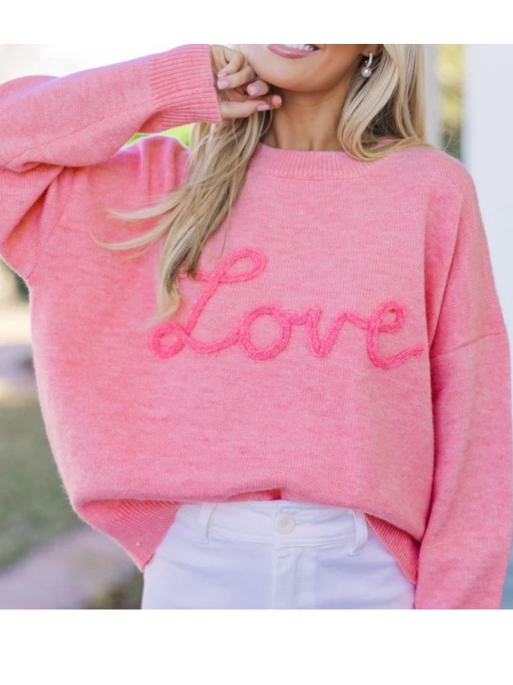 Cozy Pink 'Love' Crewneck Oversized Sweater – Relaxed Knit Pullover
